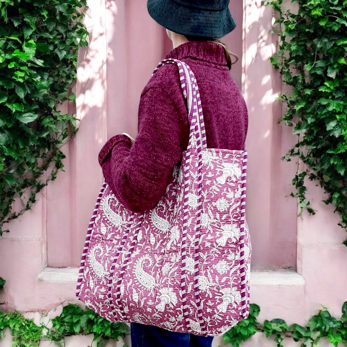 Paisley in Fuchsia Hand Block Printed Tote Bag