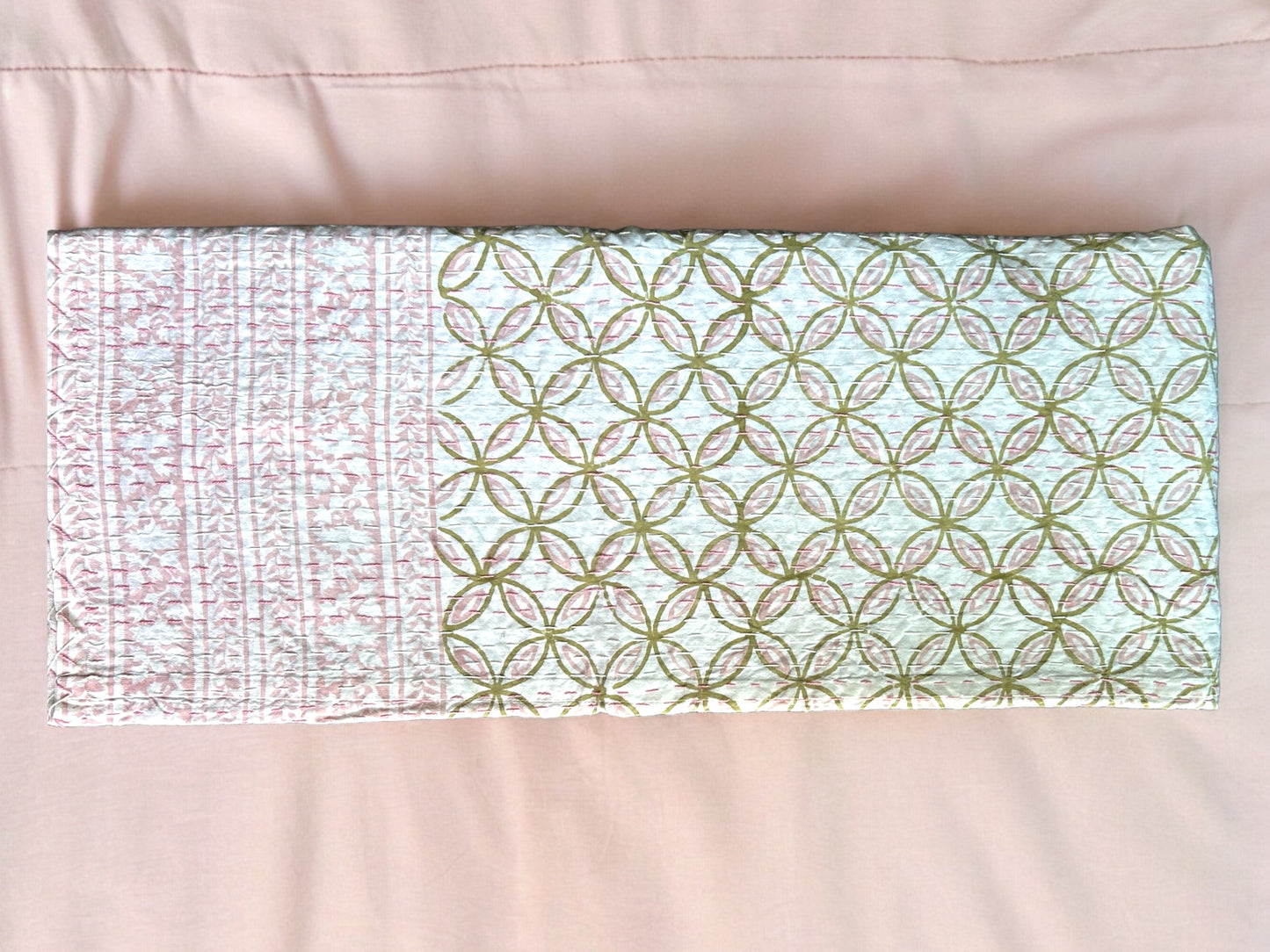 Blush Hand Block Printed Kantha Bedspread
