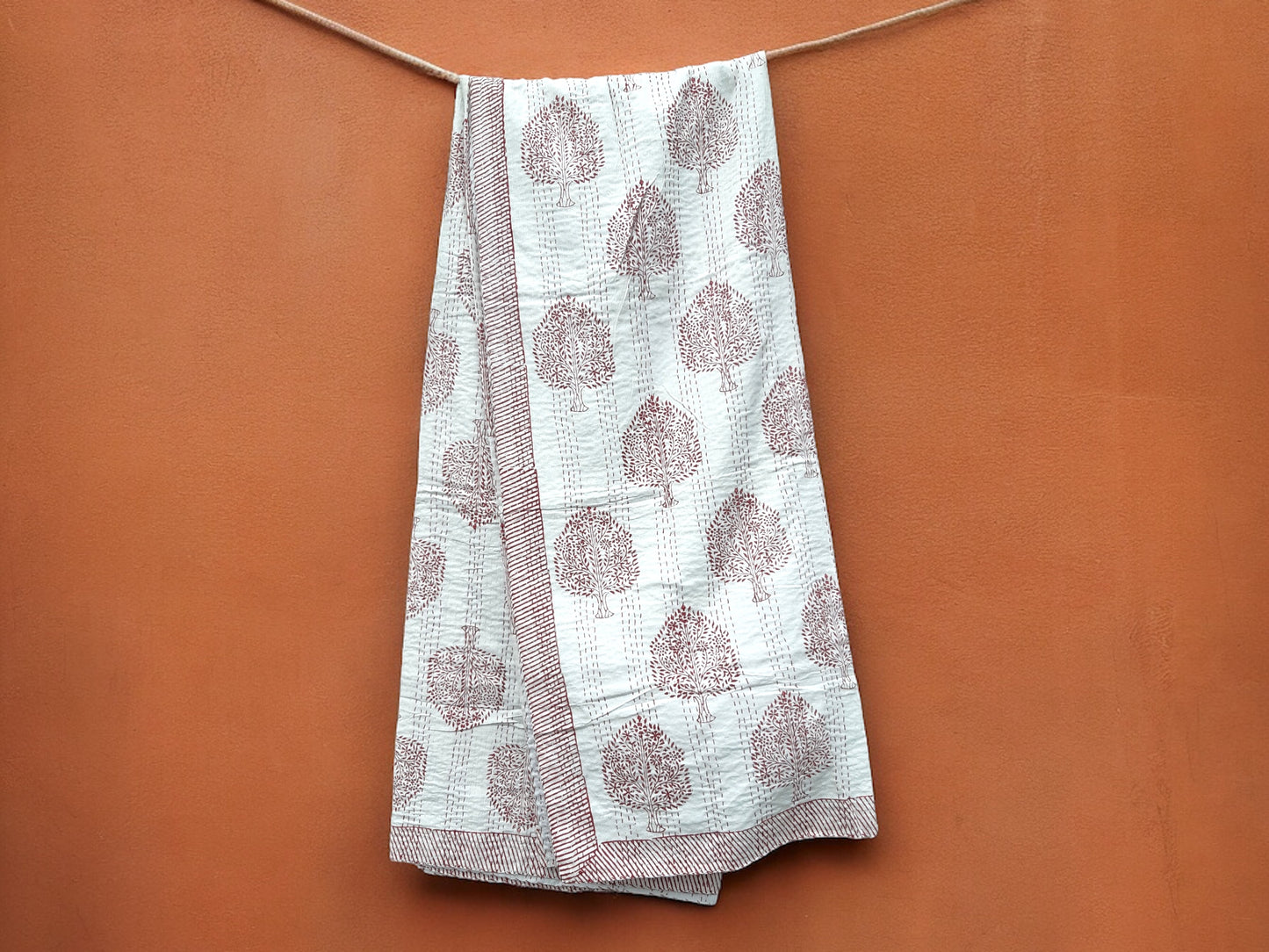 Ruby Floral Block Printed Kantha Bedspread