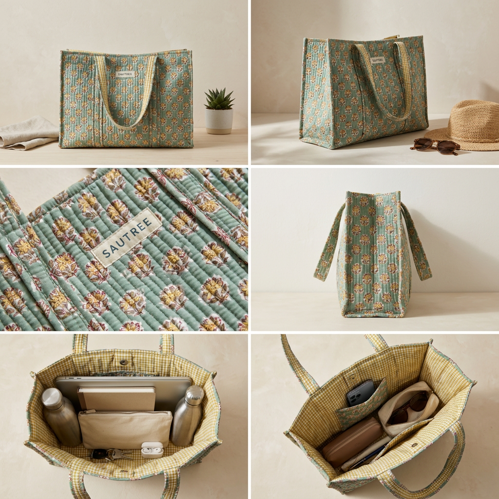 A six-panel collage showing a patterned tote bag from multiple angles, including front views, a close-up of the fabric print, and open views showing the interior compartments and contents. The bag has a muted teal and beige floral pattern with cream handles and a woven straw-like trim.