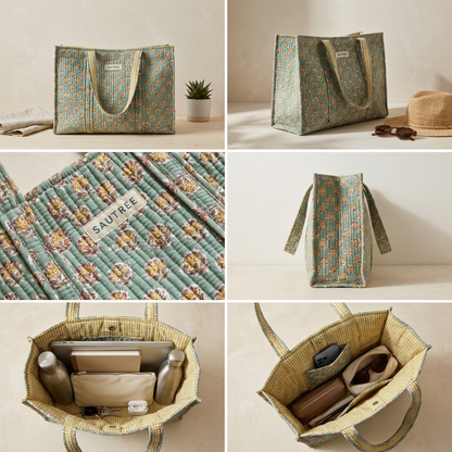 A six-panel collage showing a patterned tote bag from multiple angles, including front views, a close-up of the fabric print, and open views showing the interior compartments and contents. The bag has a muted teal and beige floral pattern with cream handles and a woven straw-like trim.
