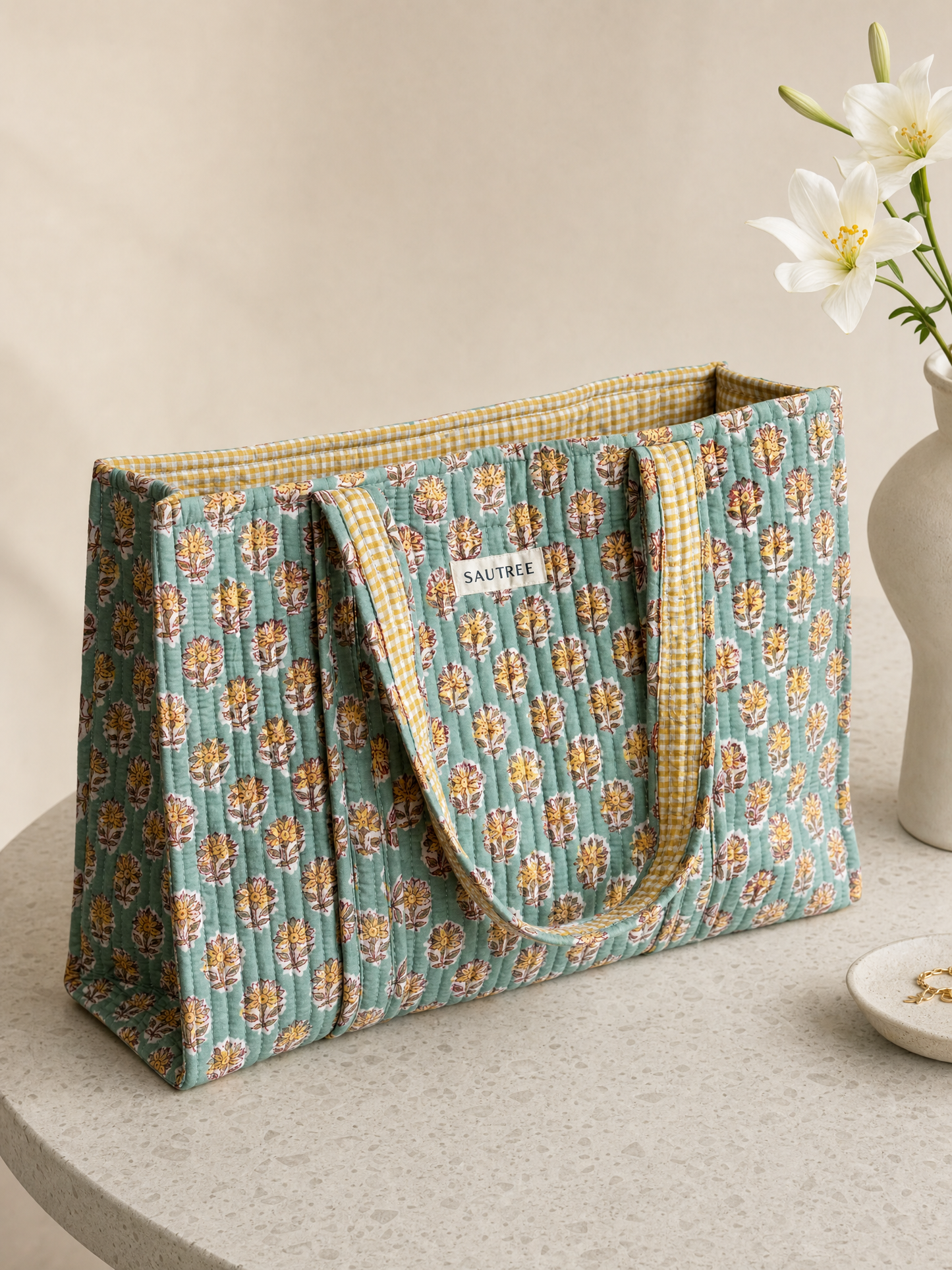Sea Green Daisy Midi Tote Bag