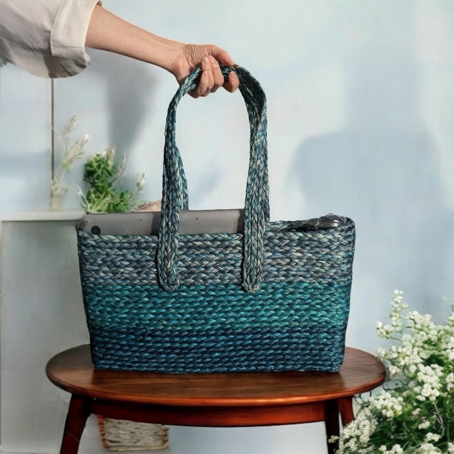 Teal Handmade Sabai Grass Bag