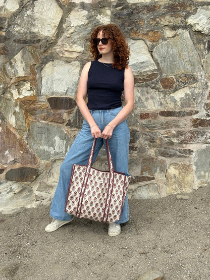 Red Buta Quilted Tote Bag