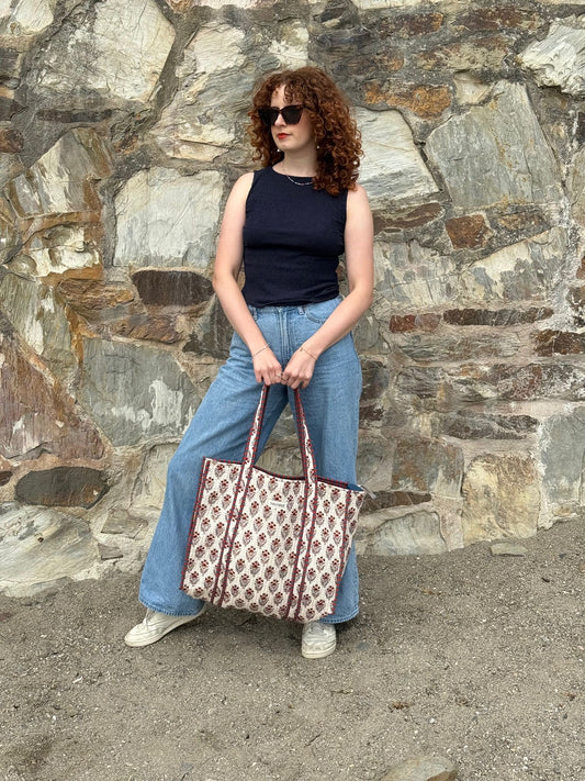 Red Buta Quilted Tote Bag