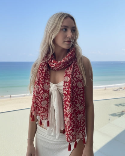 Crimson Hand Block Printed Scarf