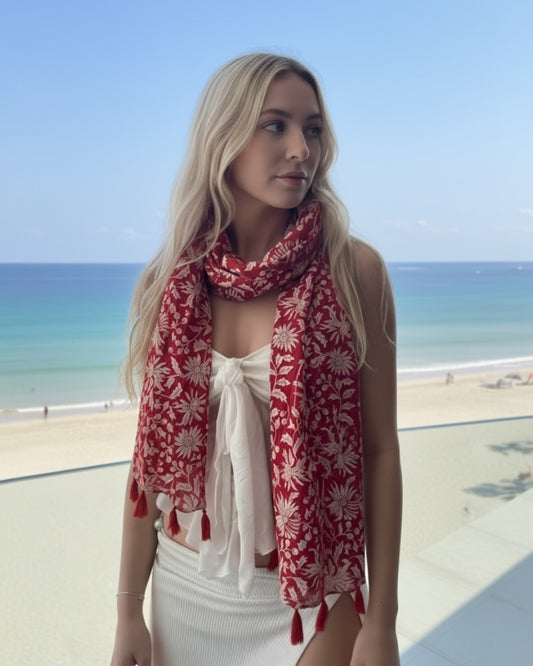 Crimson Hand Block Printed Scarf