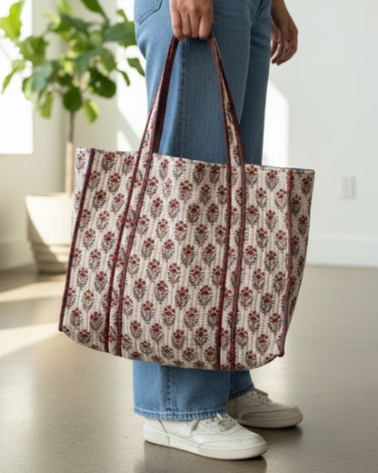 Red Buta Quilted Tote Bag