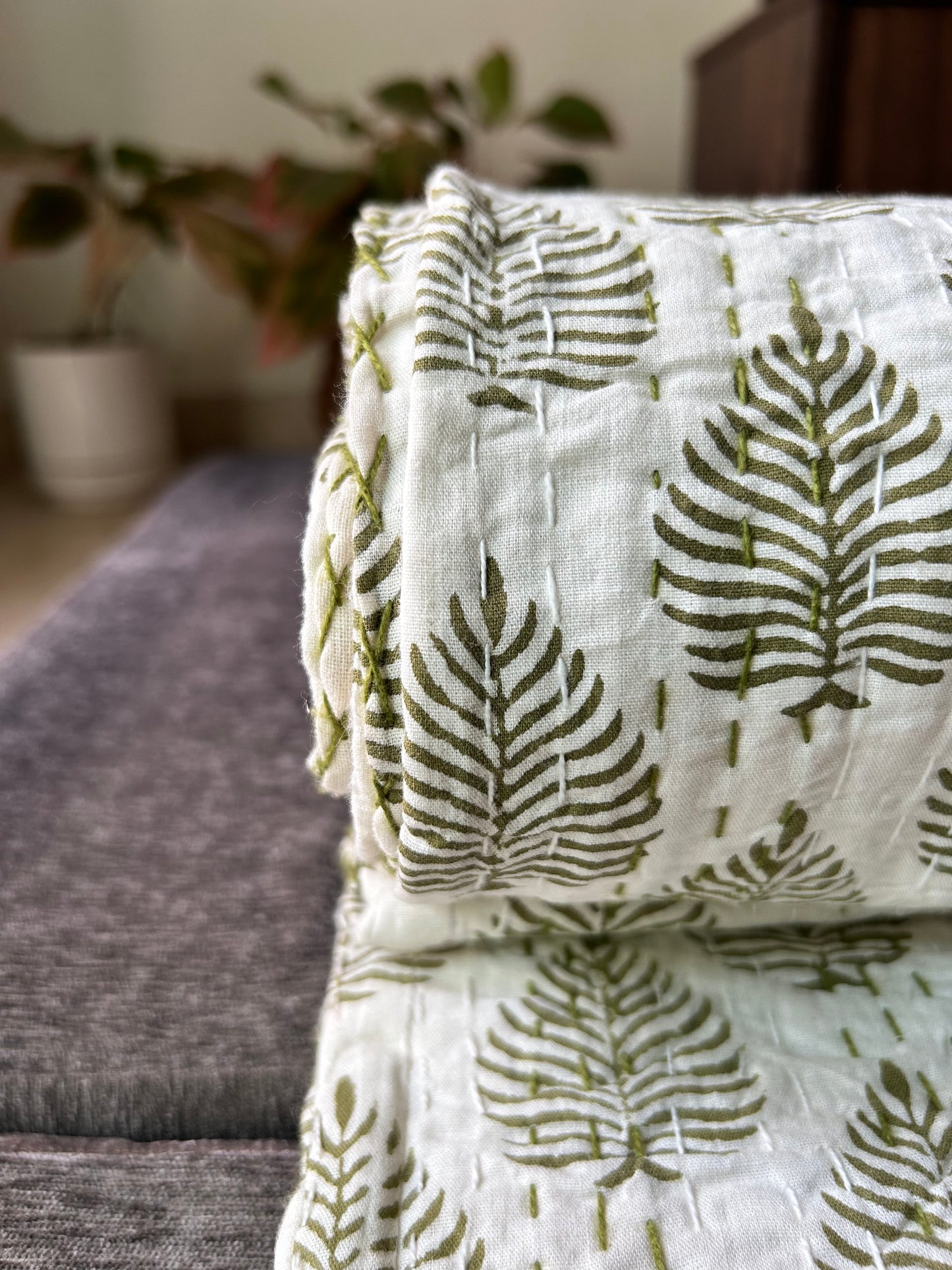 Foliage Hand Block Printed Kantha Bedspread