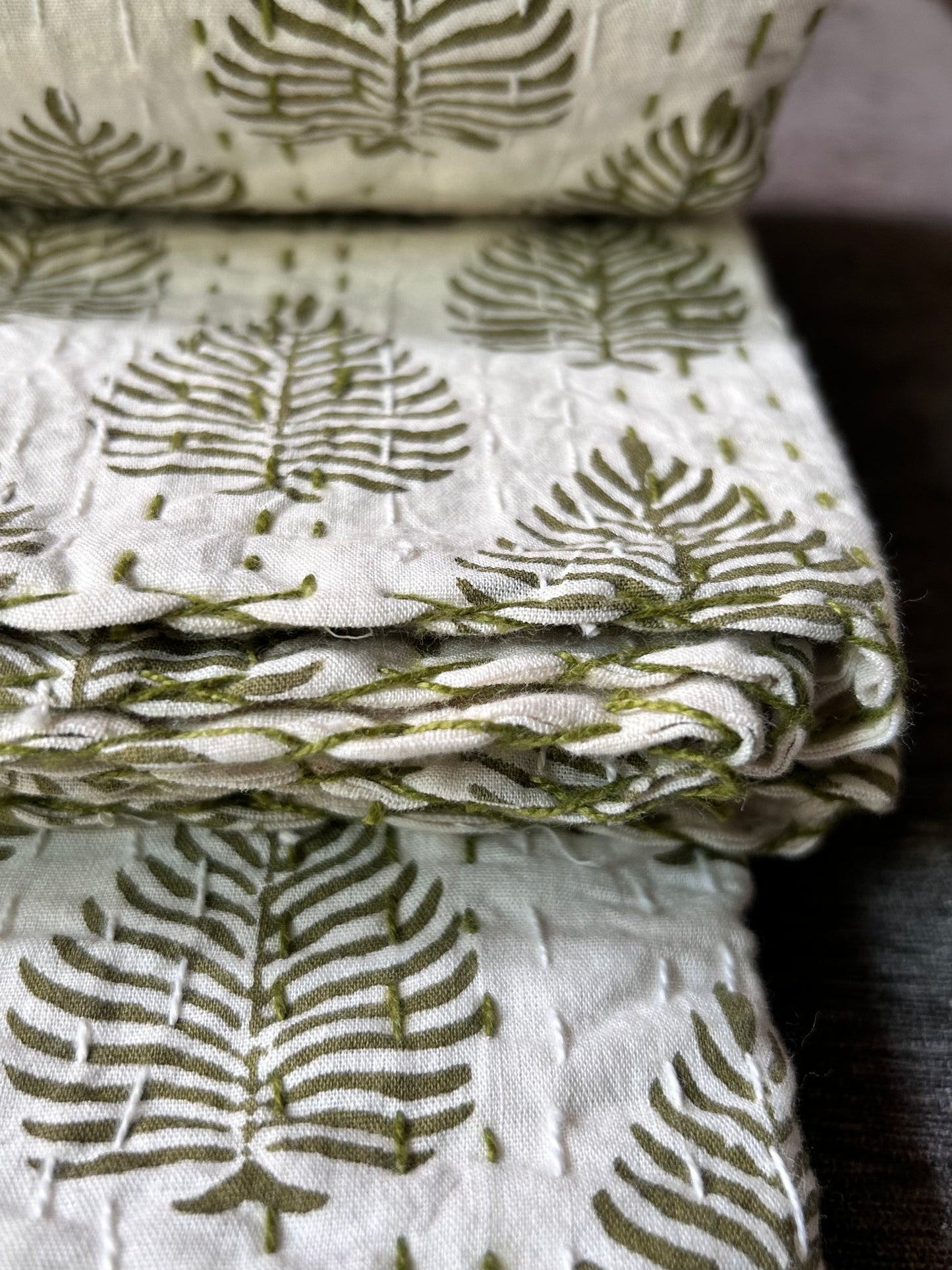 Foliage Hand Block Printed Kantha Bedspread