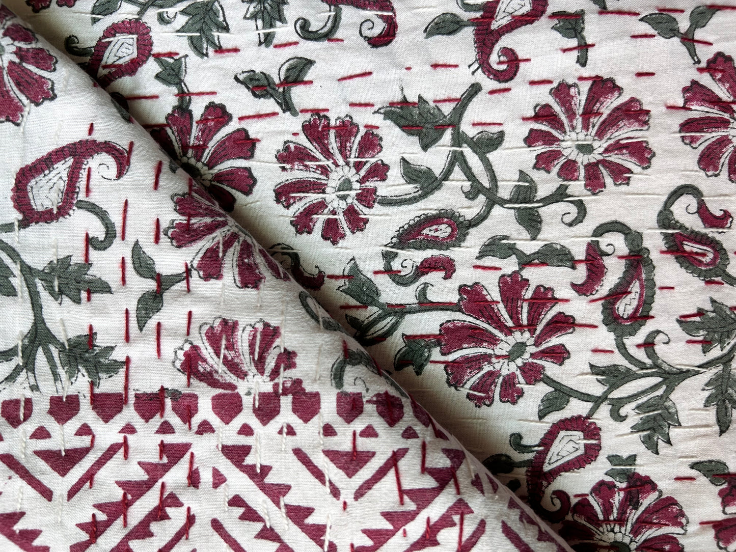 Vine Floral Block Printed Kantha Bedspread