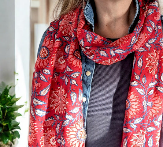 Dahlias Hand Block Printed Scarf