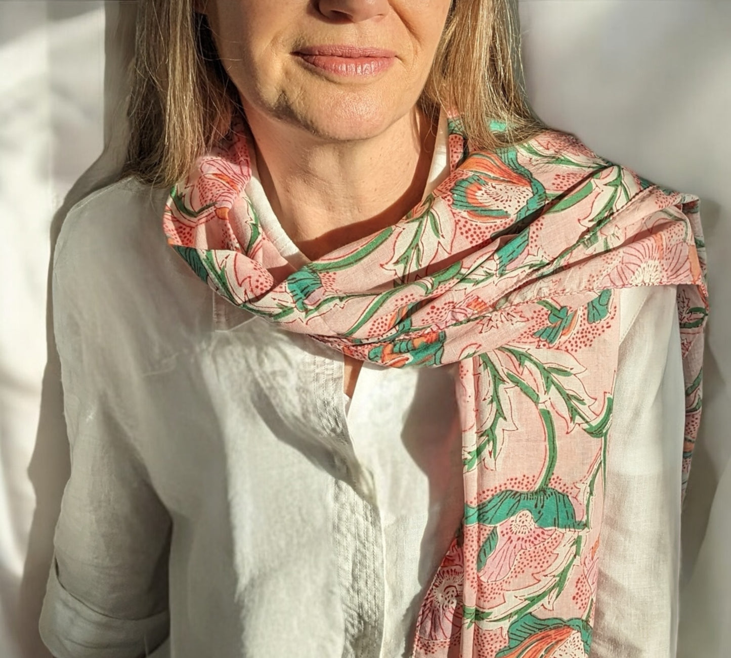 Pink Peony Block Printed Scarf