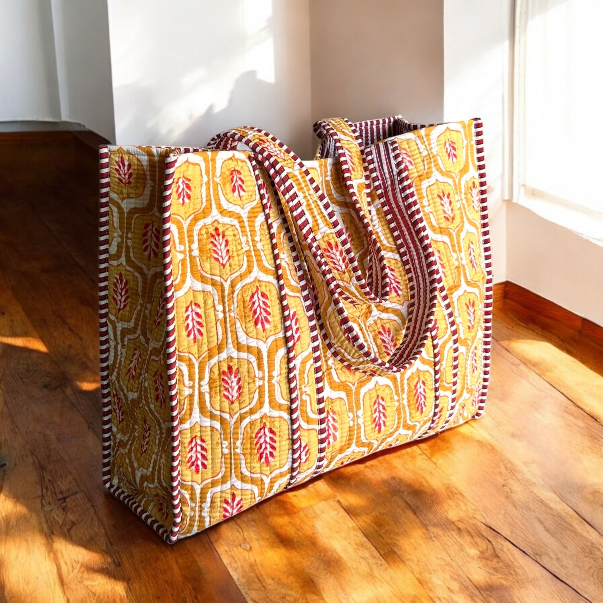 Eco-friendly fabric tote bag made with traditional Indian block printing