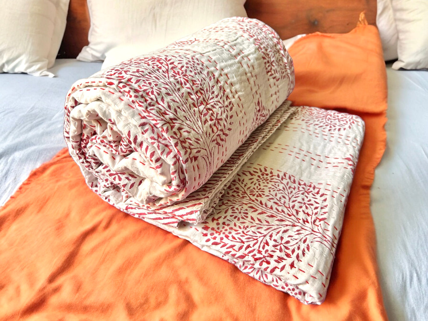 Ruby Floral Block Printed Kantha Bedspread