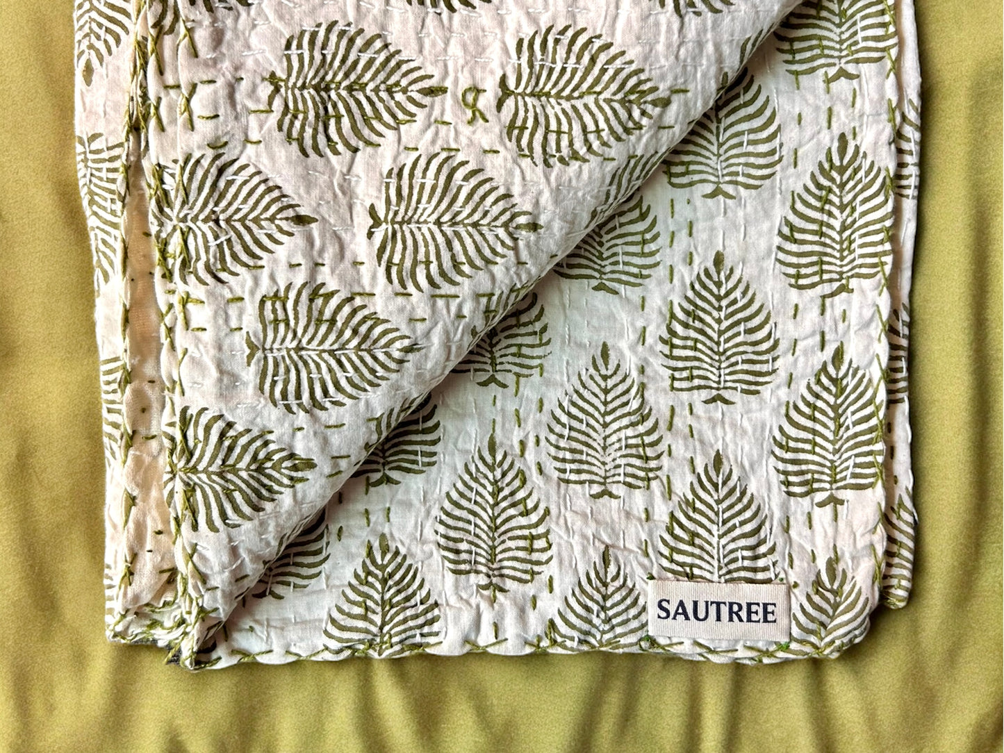 Foliage Hand Block Printed Kantha Bedspread