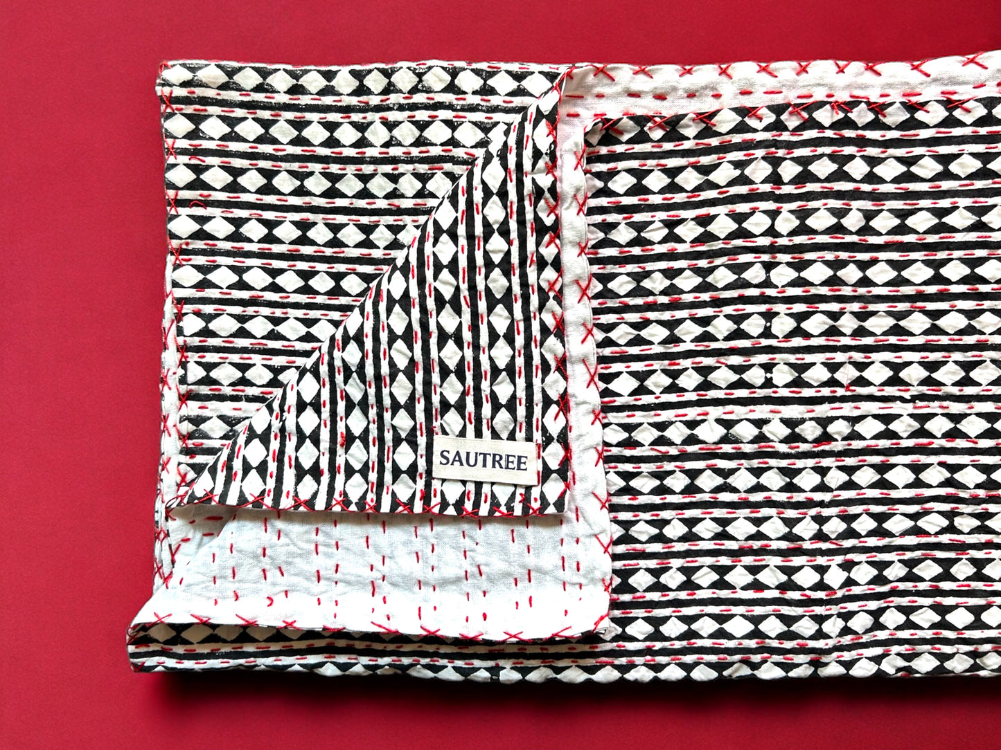 Monochrome Hand Block Printed Kantha Bedspread