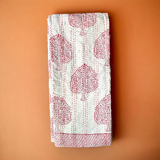 Ruby Floral Block Printed Kantha Bedspread