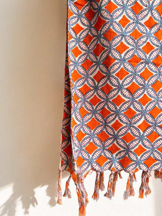 Geometric Orange Hand Block Printed Scarf