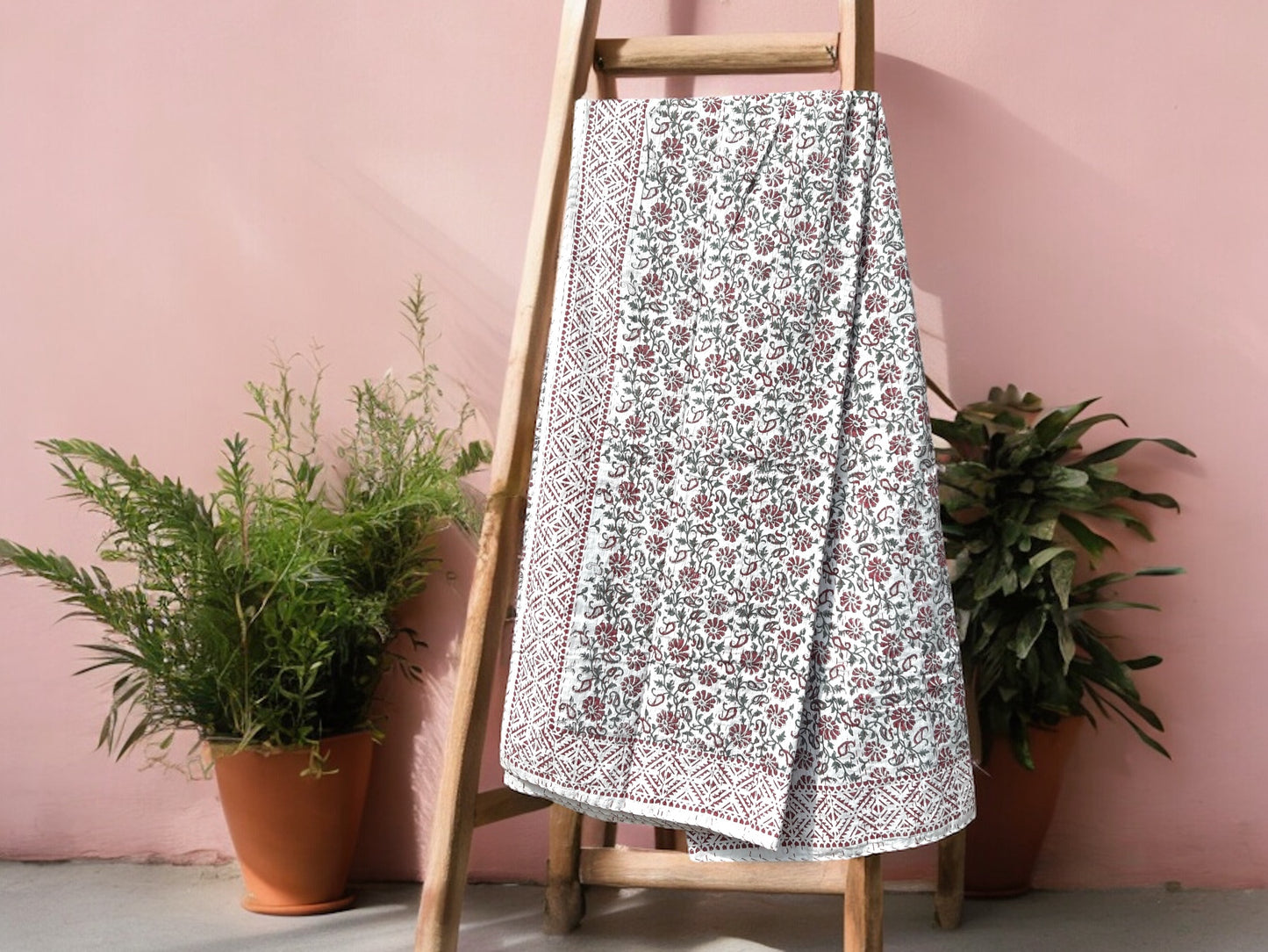 Vine Floral Block Printed Kantha Bedspread