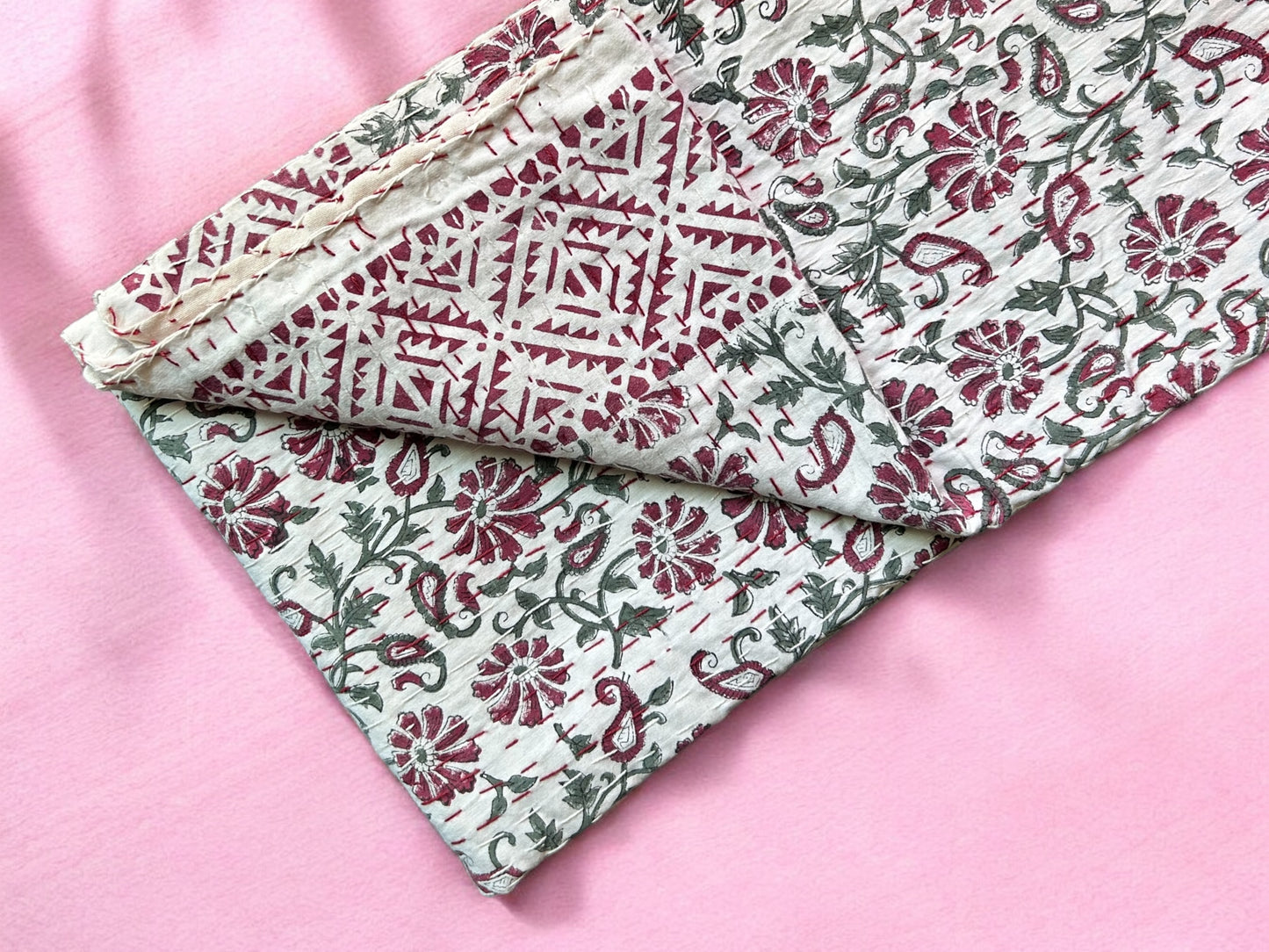 Vine Floral Block Printed Kantha Bedspread