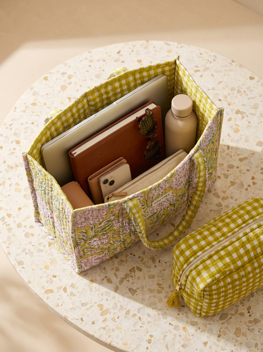 Apple Green Peony Gingham Set