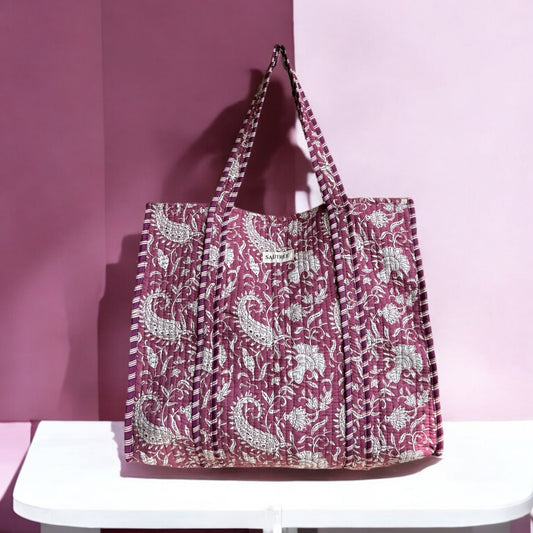 Paisley in Fuchsia Hand Block Printed Tote Bag