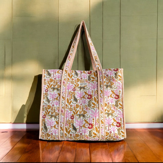 Hand Block Printed Quilted Tote Bag – large shopper bag, eco-friendly & stylish for travel, shopping & everyday use in the UK. Quilted Shopper bag. Yellow Tote bag, Large Handbag.